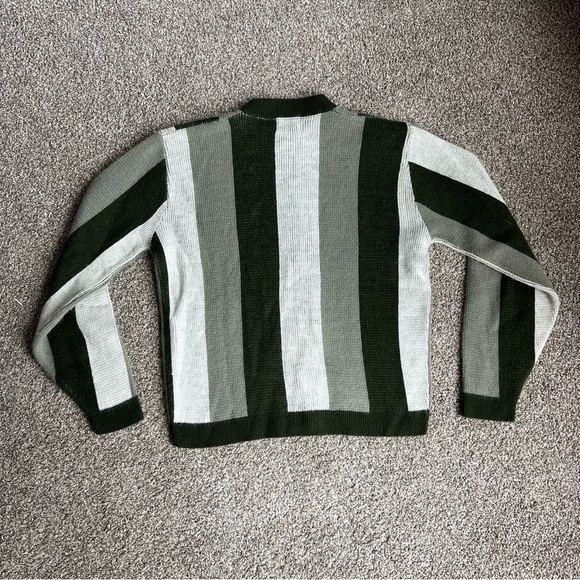 Vintage Green/White Striped Orlon Acrylic Rugby Sportswear Zip Up Cardigan, Med - Picture 9 of 9